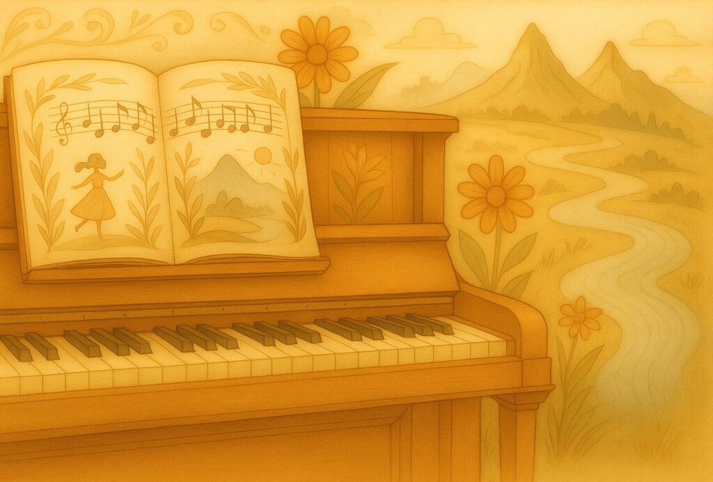 温かみのある19世紀絵本風のイラスト。アップライトピアノの譜面台には、ケーラー「子供のためのアルバム Op.210」をイメージした美しい楽譜が開かれています。楽譜のページには文字はなく、音符と共に踊る少女や風景の可愛らしい挿絵だけが描かれています。