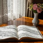 明るい日差しが差し込む木製のテーブルに置かれた、開いた状態のディアベッリのソナチネの楽譜と、白い花瓶に生けられたピンクと黄色の花。レースのカーテン越しに柔らかな光が入り、リラックスしてピアノ練習に取り組める雰囲気を醸し出している。